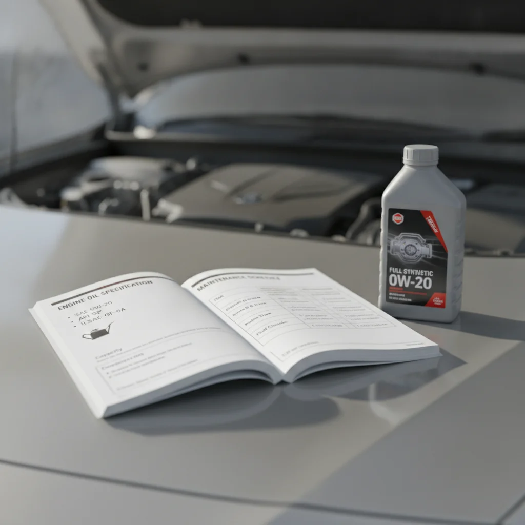 Vehicle owner's manual open to oil specification page sitting on car hood next to a motor oil bottle