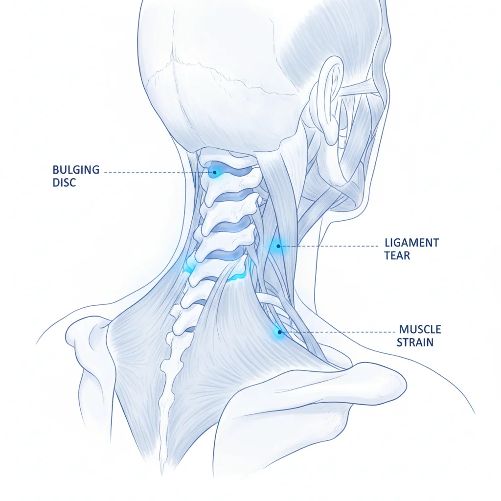 Medical diagram highlighting soft tissue injury zones in the neck and spine after whiplash