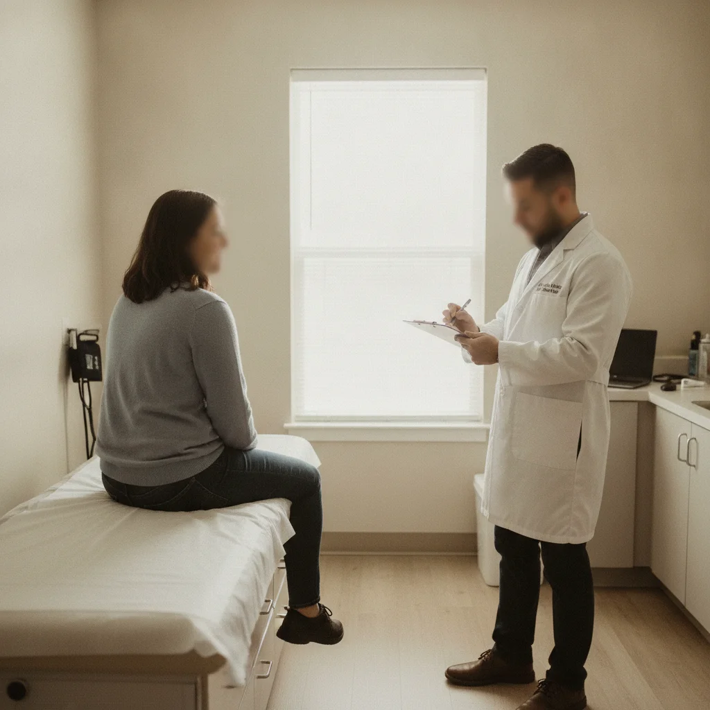 Patient being examined by a doctor in an urgent care clinic after a vehicle accident