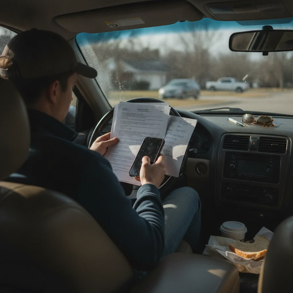 Driver reviewing insurance paperwork and phone in a parked car after an accident