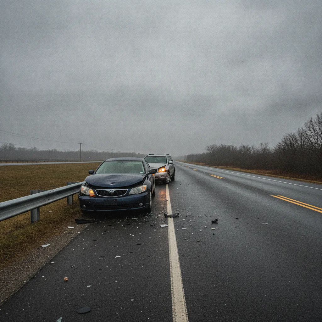 Two vehicles with collision damage pulled to the roadside with hazard lights on