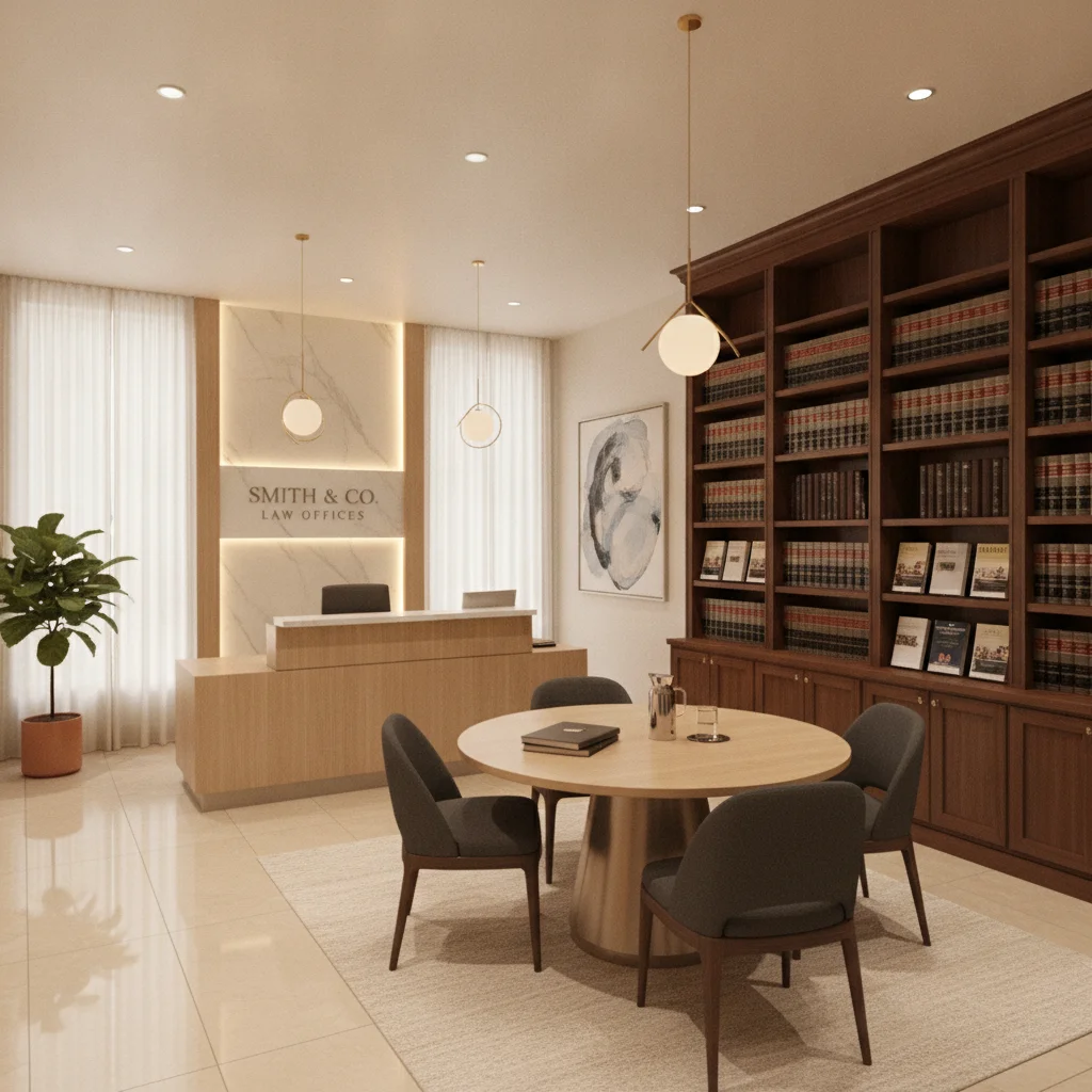 A welcoming law office consultation room with documents and neutral professional decor
