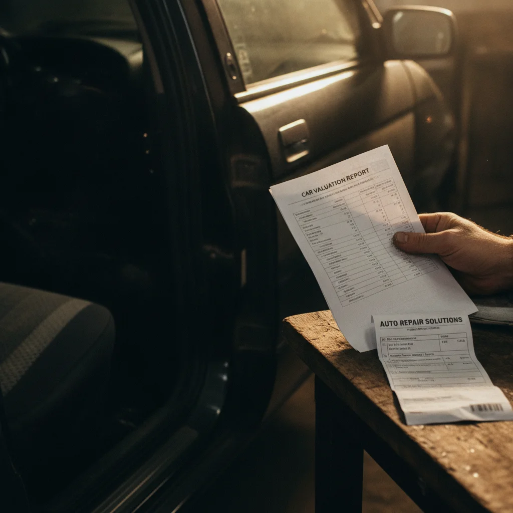 A seller comparing a car valuation report with a repair invoice before deciding to sell