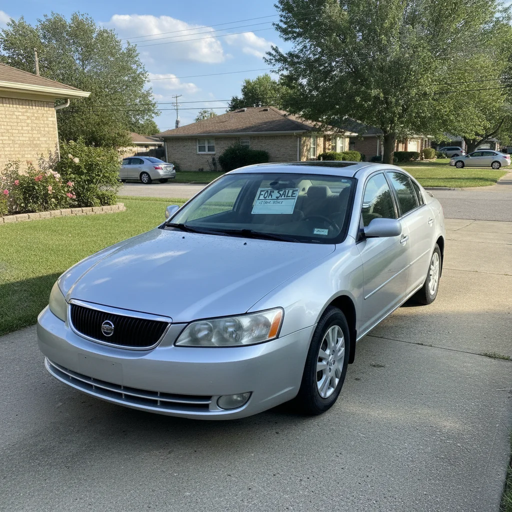 A clean used car parked in a driveway with a for sale sign in the window