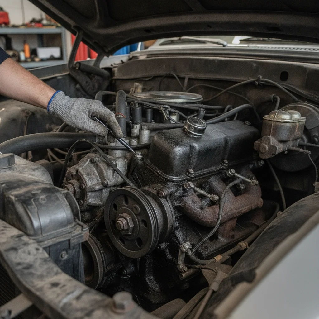 Mechanic pointing at a worn engine component during a pre-sale inspection