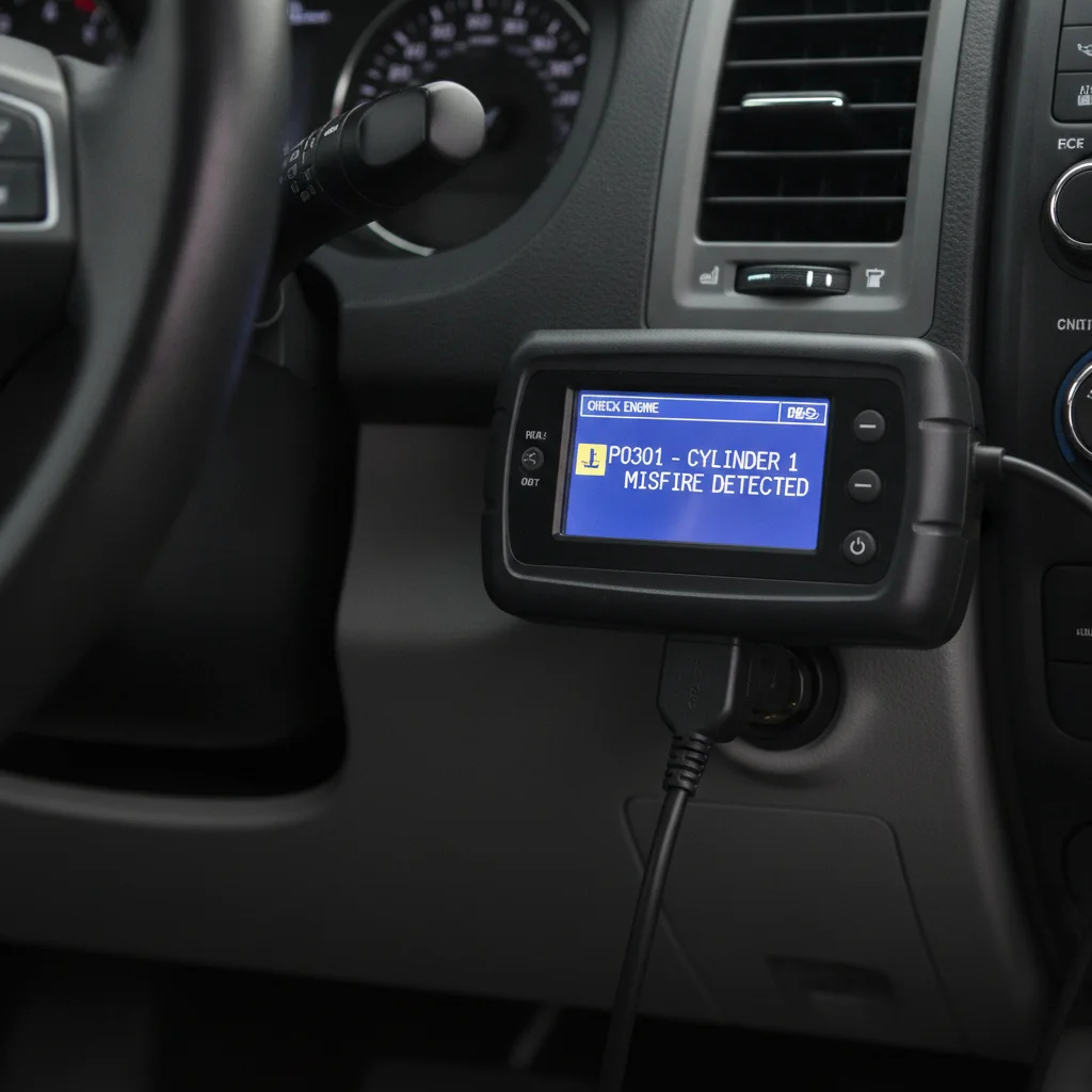 An OBD-II scanner showing a check engine code plugged into a car's diagnostic port