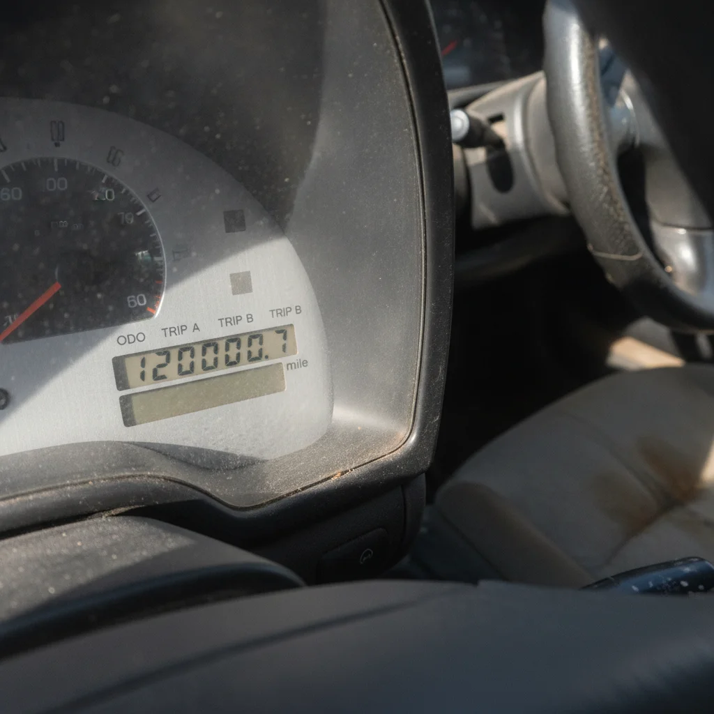 Car odometer showing high mileage reading of approximately 120,000 miles