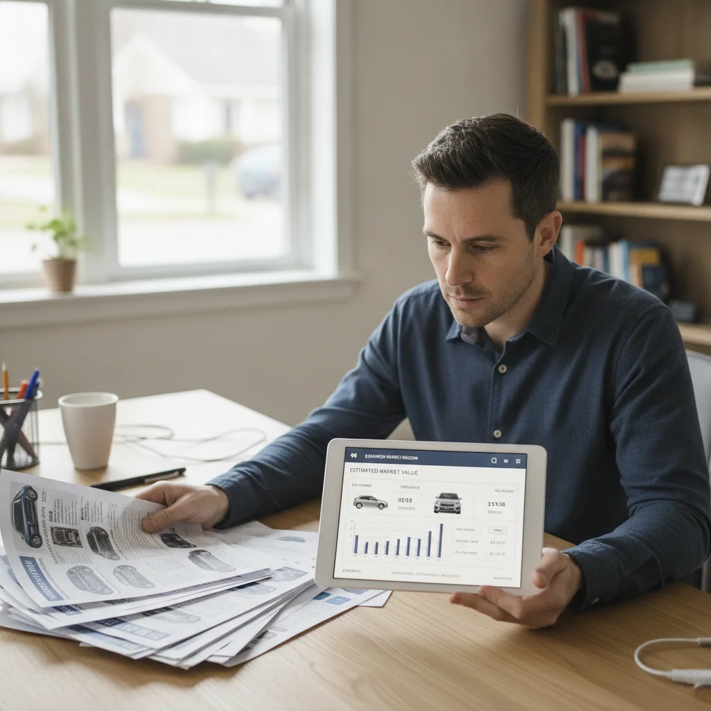 Person comparing car valuation printouts and live market listings on a tablet