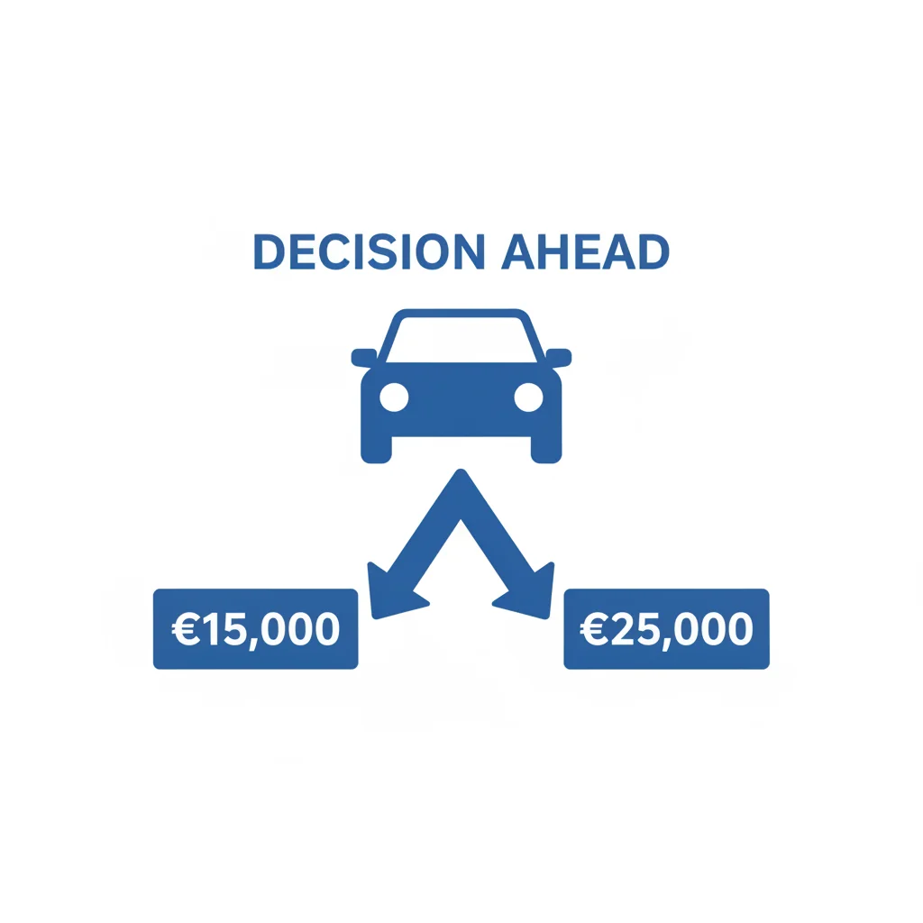 Graphic showing a car silhouette with diverging arrows pointing to two different price estimates