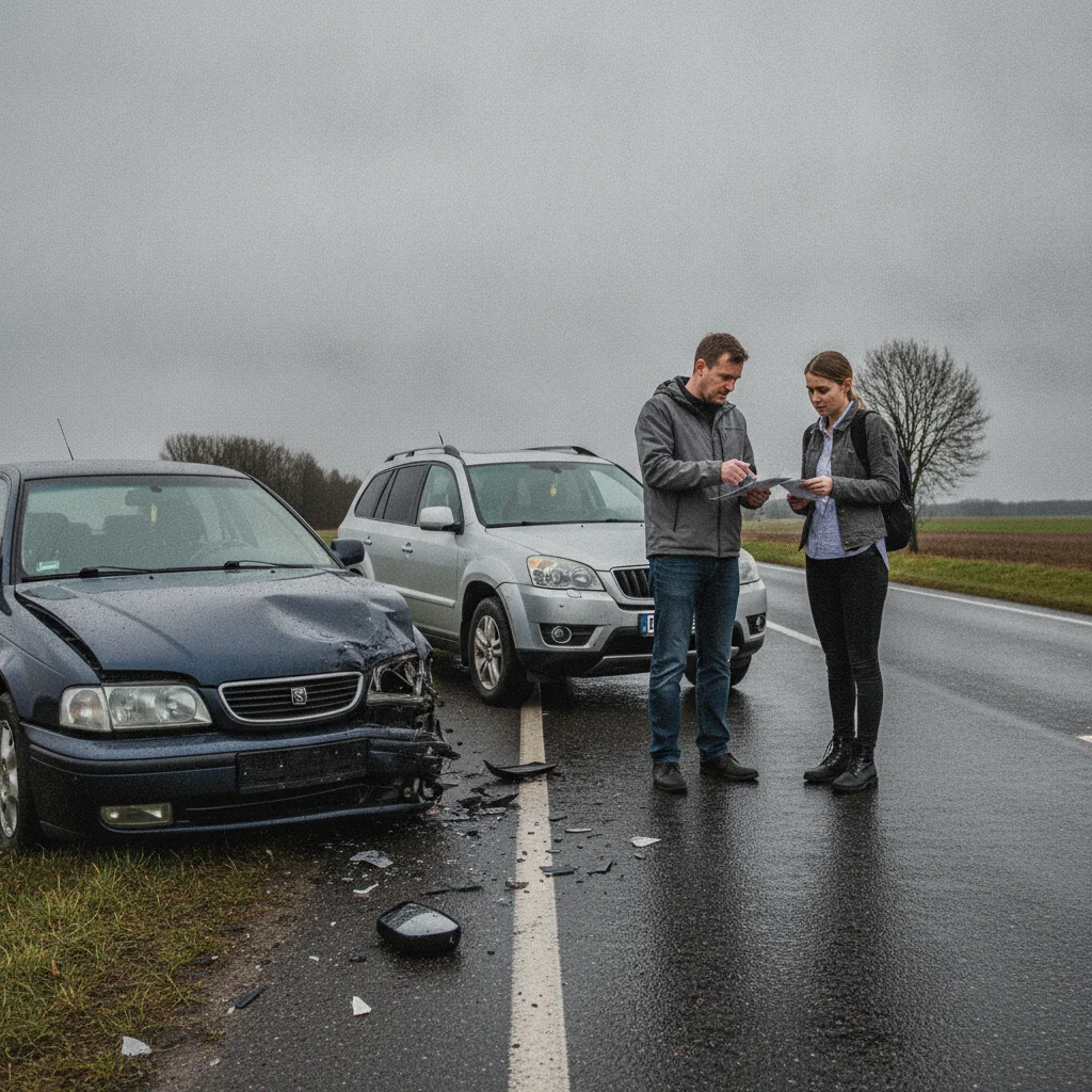 Two drivers exchanging documents beside a damaged vehicle after a car accident on a roadside