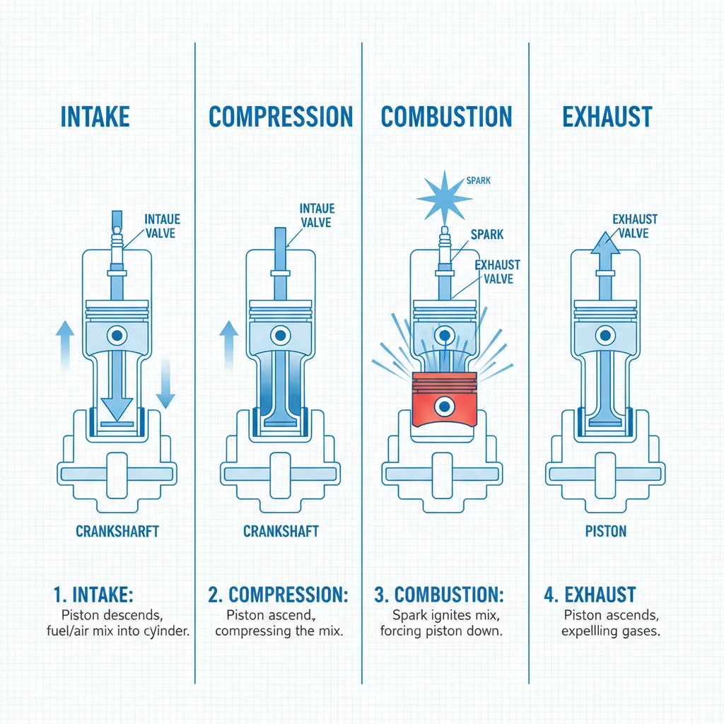 Diagram of a four-cylinder engine combustion cycle showing intake, compression, combustion, and exhaust stages