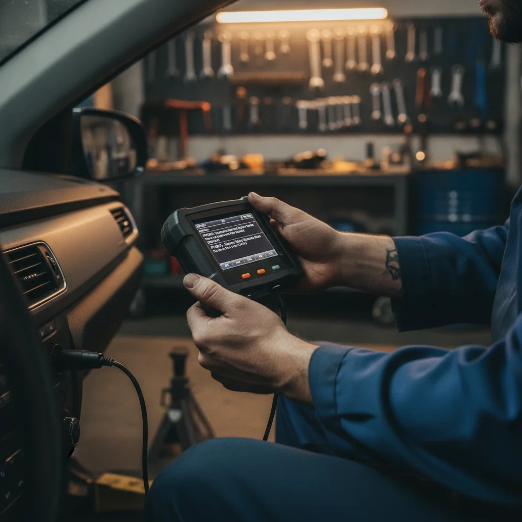 Mechanic connecting an OBD-II scanner to a car's diagnostic port under a dashboard