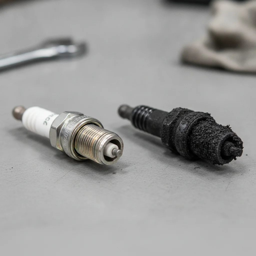 New spark plug next to a fouled, carbon-coated spark plug showing contrast in condition