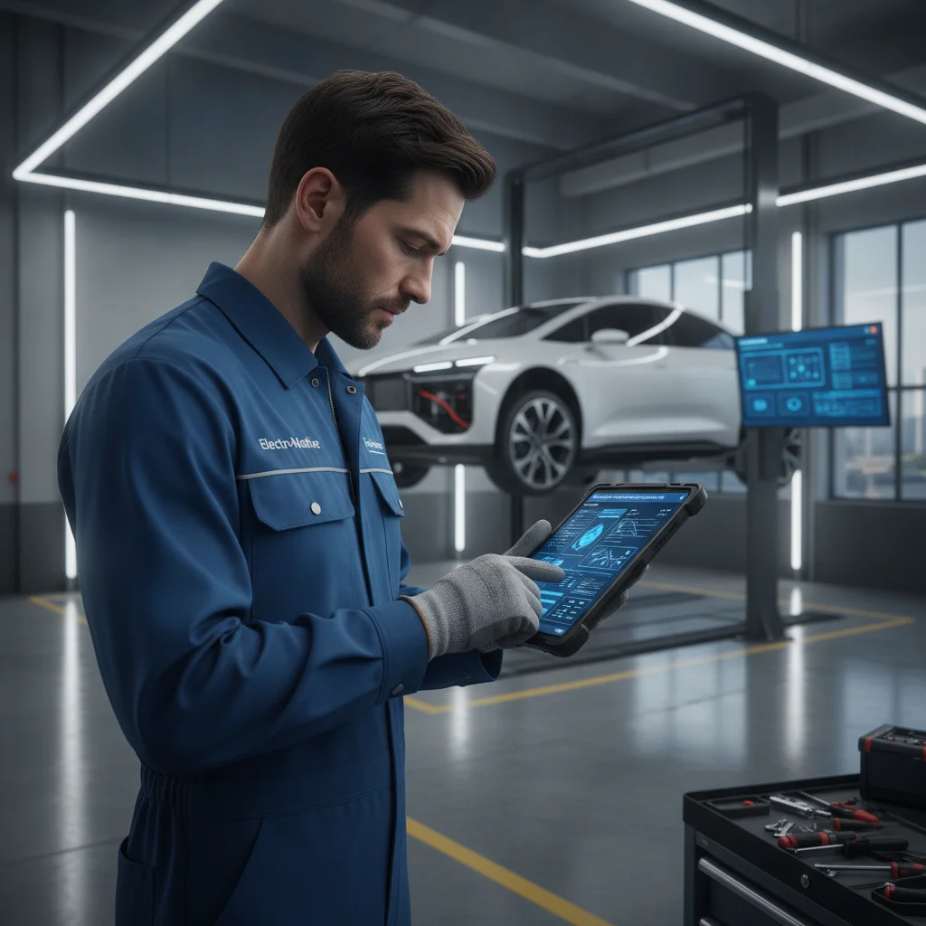 EV technician reviewing battery management system data on a tablet in a modern service bay