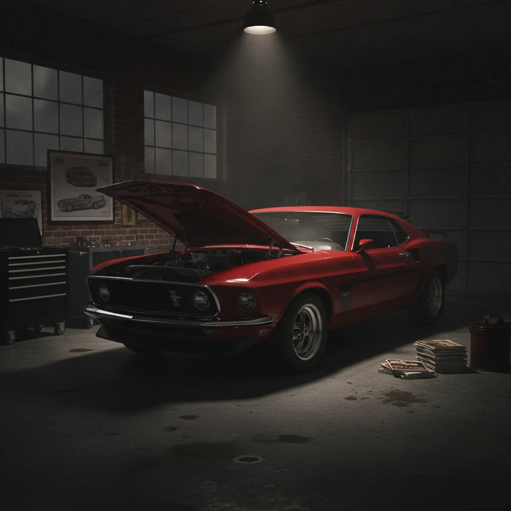 Vintage muscle car in excellent condition parked in a well-lit garage, suitable for a collector vehicle listing