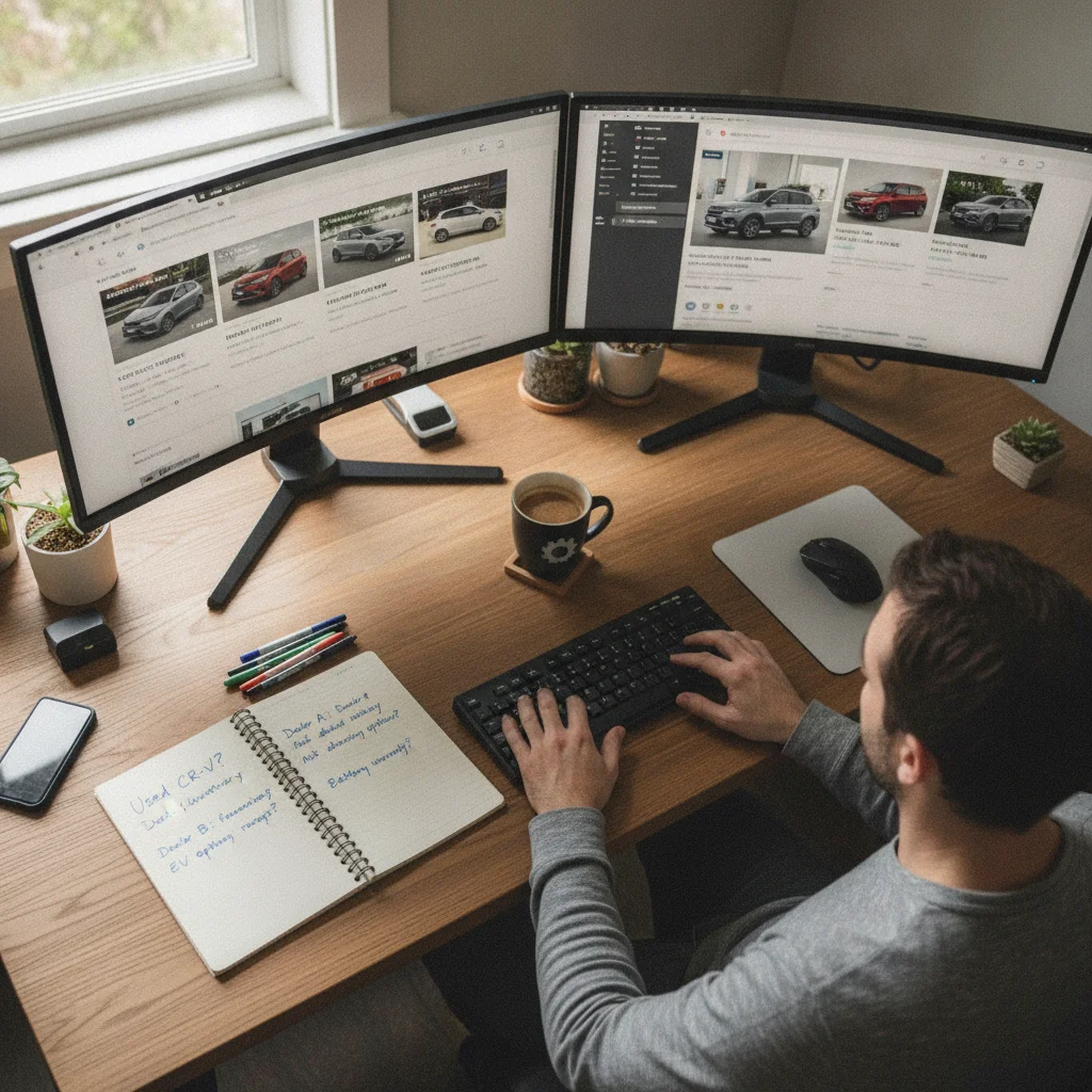 Seller managing multiple car listing platforms on two monitors with handwritten inquiry notes on a desk