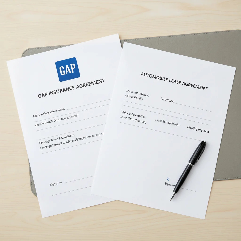 GAP insurance document and car lease agreement placed side by side on a desk with a pen.