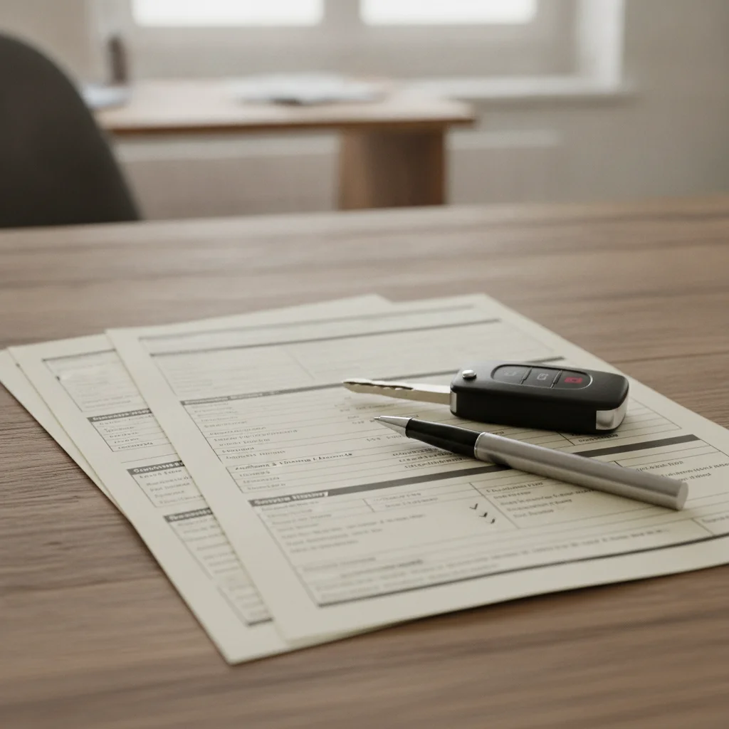 A printed vehicle history report laid on a table next to a car key fob and pen