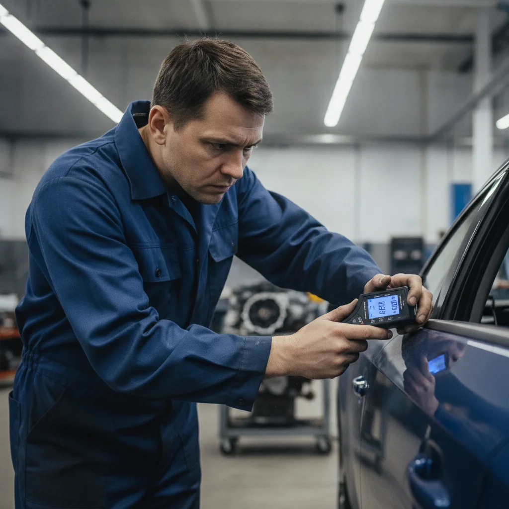 A mechanic using a paint thickness gauge to check a car door panel for hidden body repairs