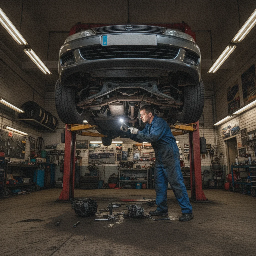 A mechanic inspecting the undercarriage of a used car elevated on a hydraulic lift in a repair shop
