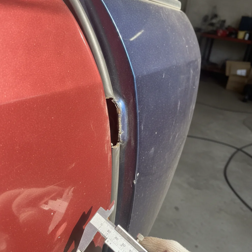 Close-up of mismatched panel gaps between a car door and quarter panel indicating prior collision repair
