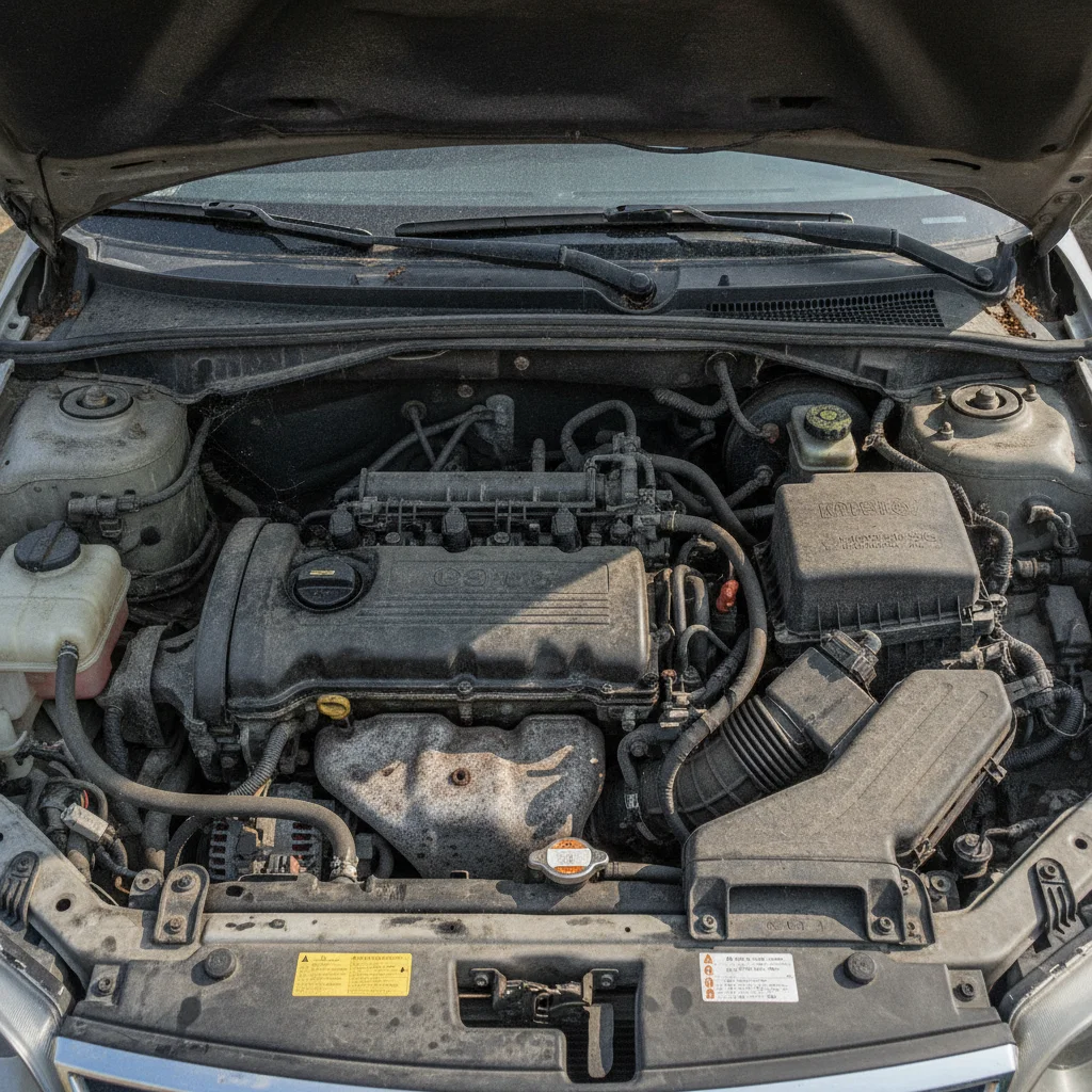Overhead view of a grimy used car engine bay with oil residue and dust on engine components