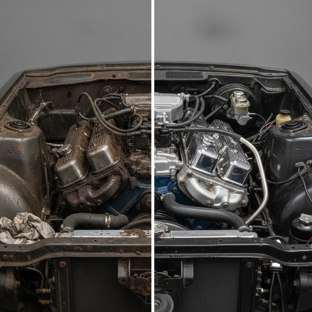 Side-by-side comparison of a grimy engine bay before cleaning and a tidy engine bay after professional detailing