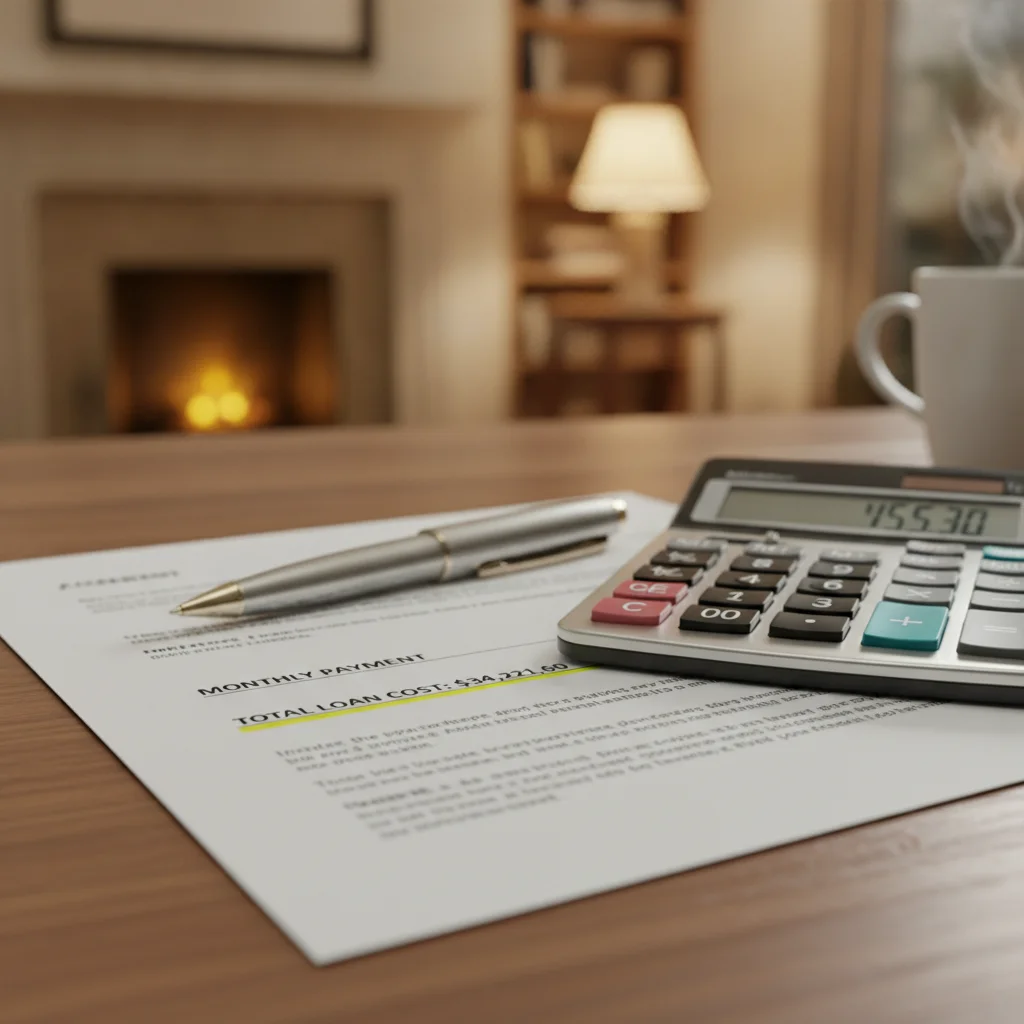 Car loan paperwork with calculator displaying monthly payment and total loan cost highlighted side by side