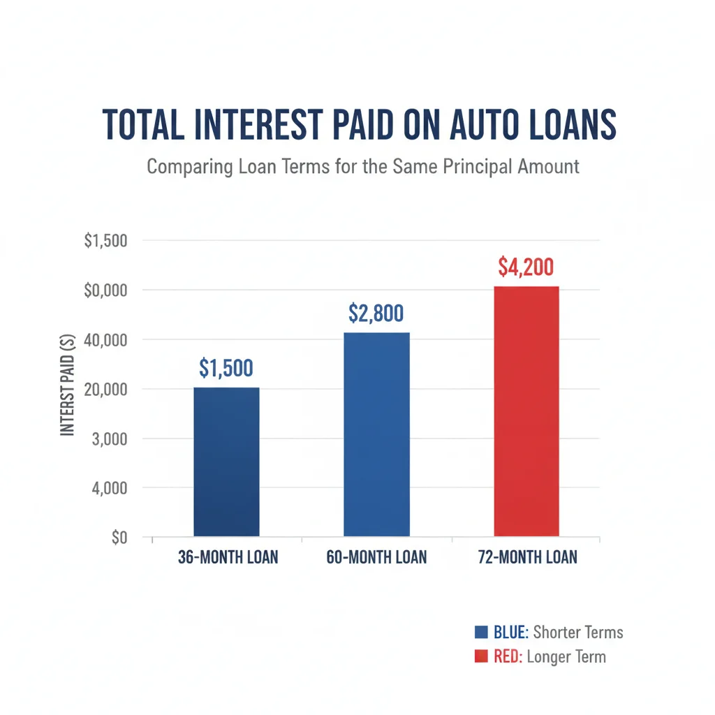 Bar chart comparing total interest paid across 36-month, 60-month, and 72-month auto loan terms for a $30,000 loan