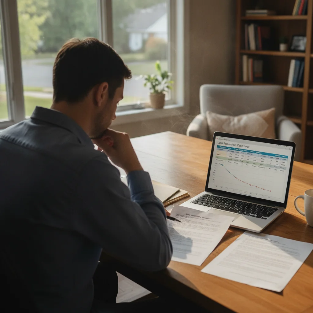 Person reviewing auto loan amortization schedule on laptop with printed loan documents at a home office desk