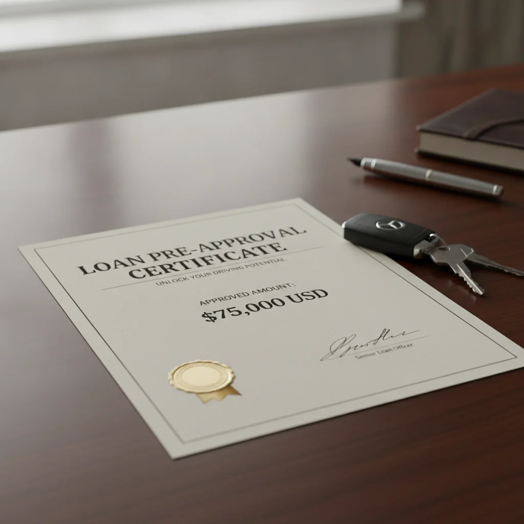 A preapproval letter sitting on a desk next to a set of car keys, representing financial preparation