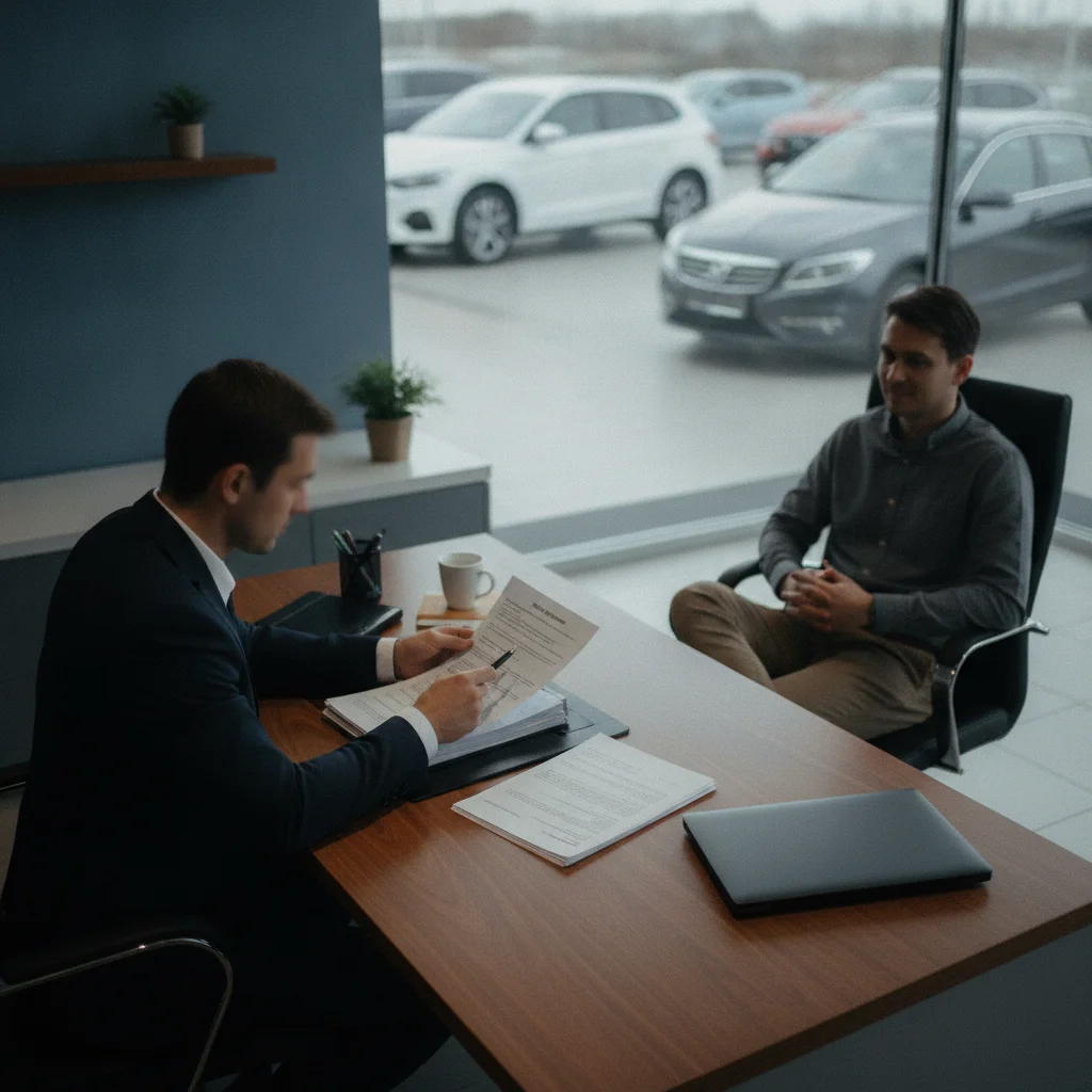 A buyer and dealership finance manager reviewing paperwork during an auto loan negotiation