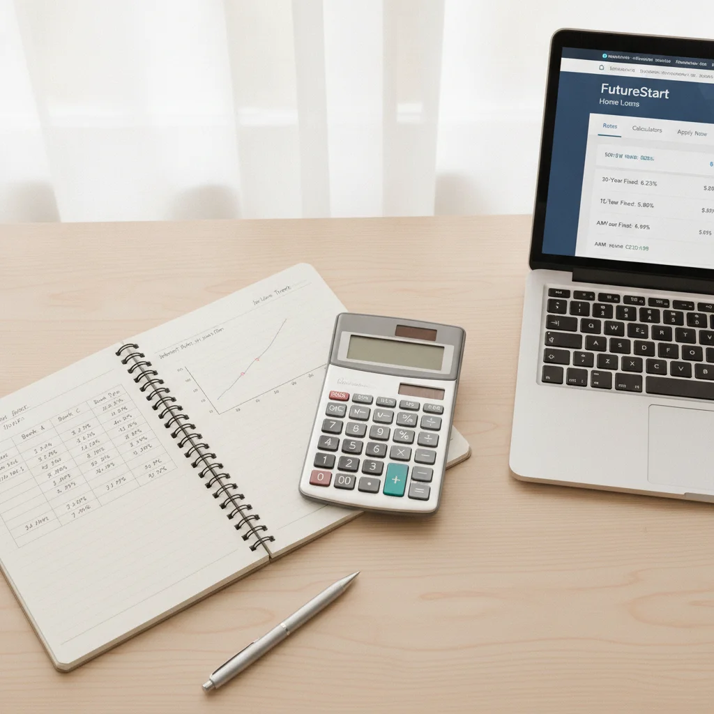 Calculator and notebook showing loan rate comparisons alongside a laptop open to a bank lending page
