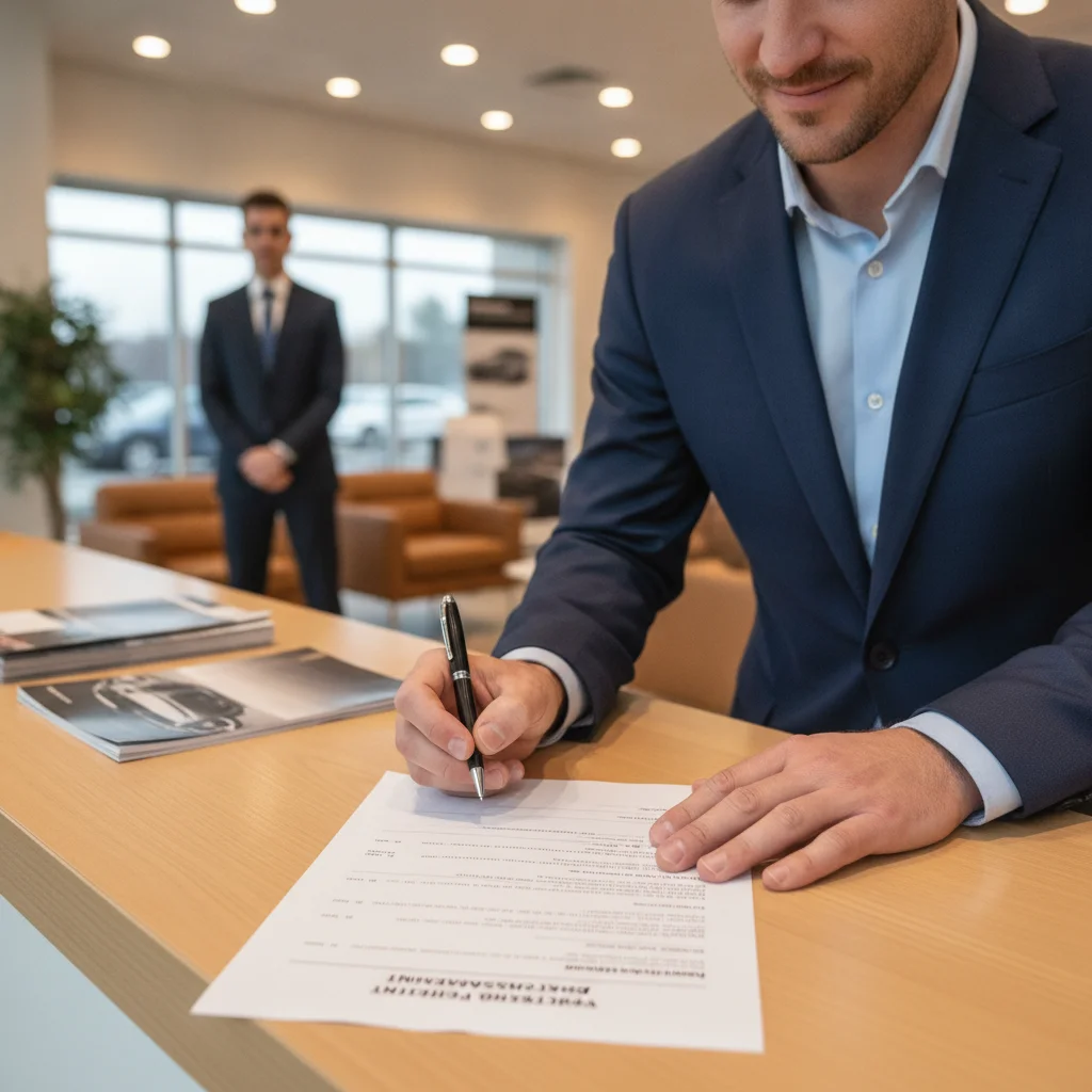 A buyer signing a vehicle purchase agreement at a car dealership, finalizing an auto loan
