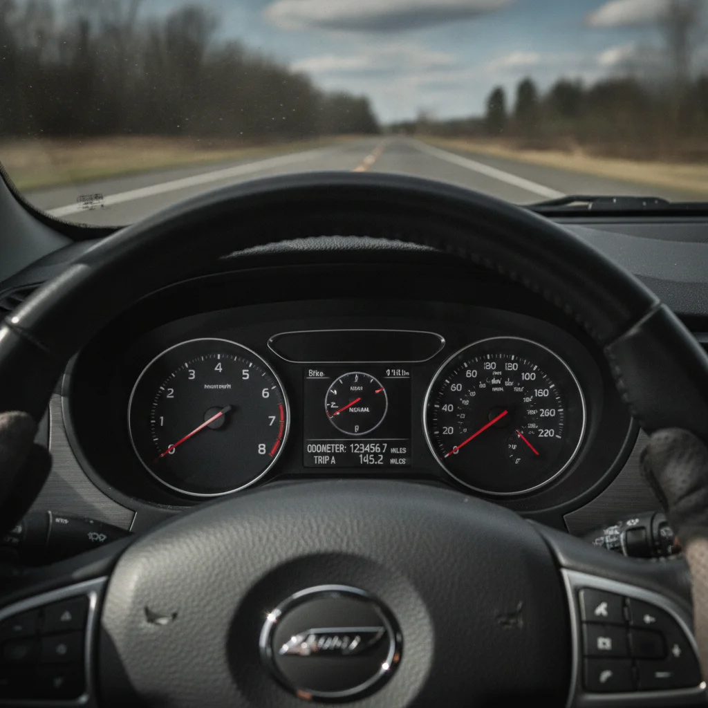 Close-up view of car dashboard instruments and steering wheel during a test drive