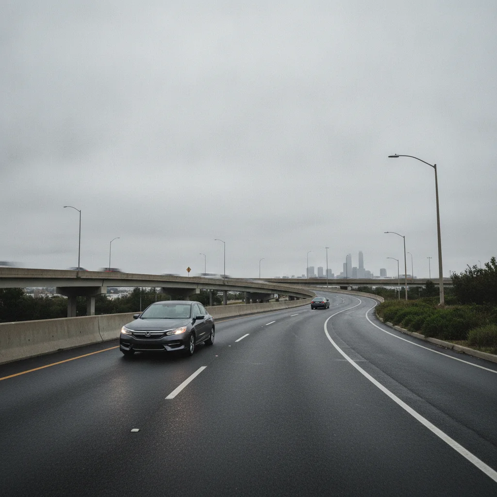 A sedan approaching a highway on-ramp during a used car test drive evaluation