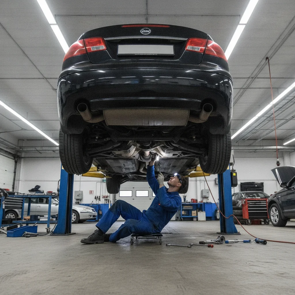 Mechanic inspecting the undercarriage of a used car on a lift during a pre-purchase inspection