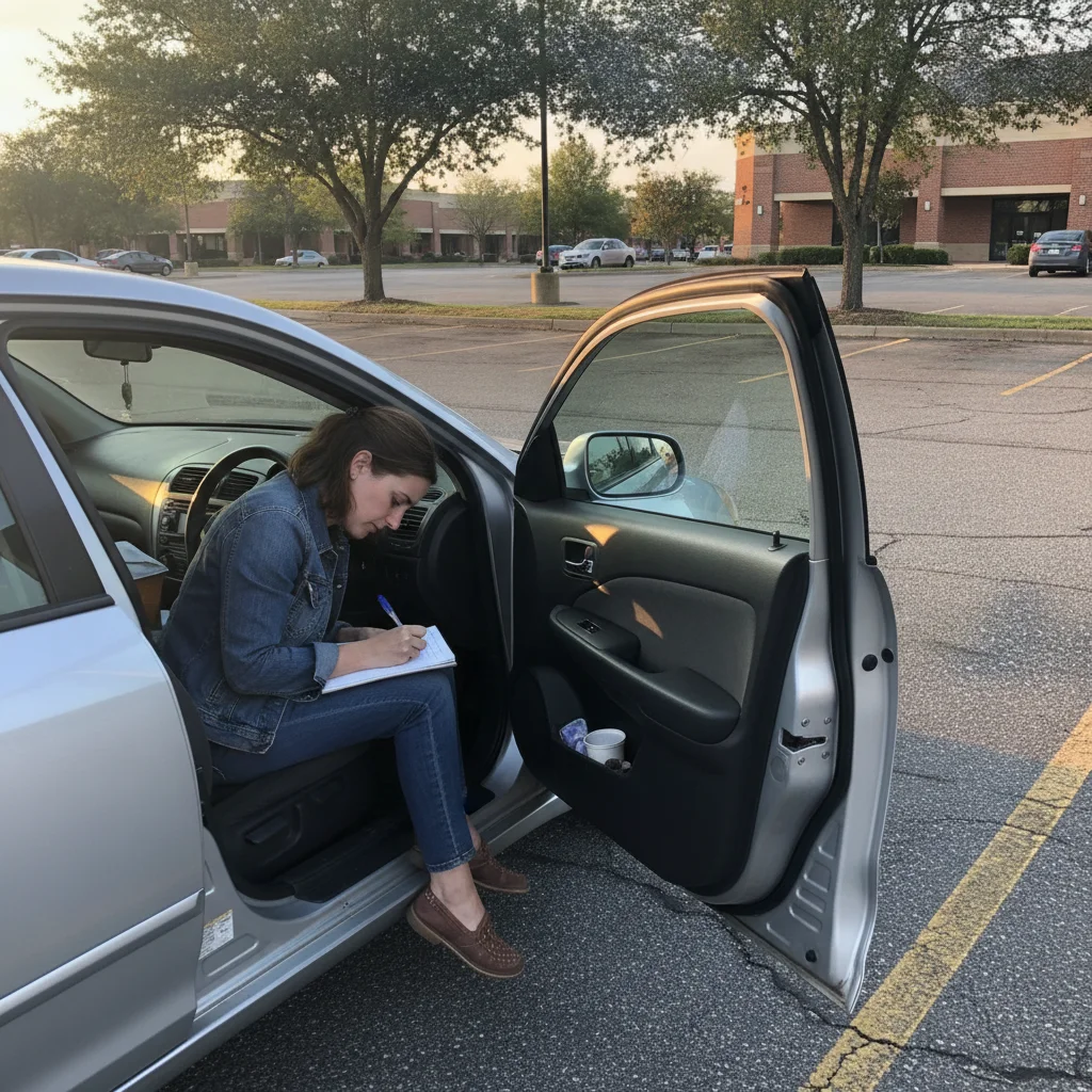 Car buyer writing notes after a test drive while sitting in the vehicle in a parking lot