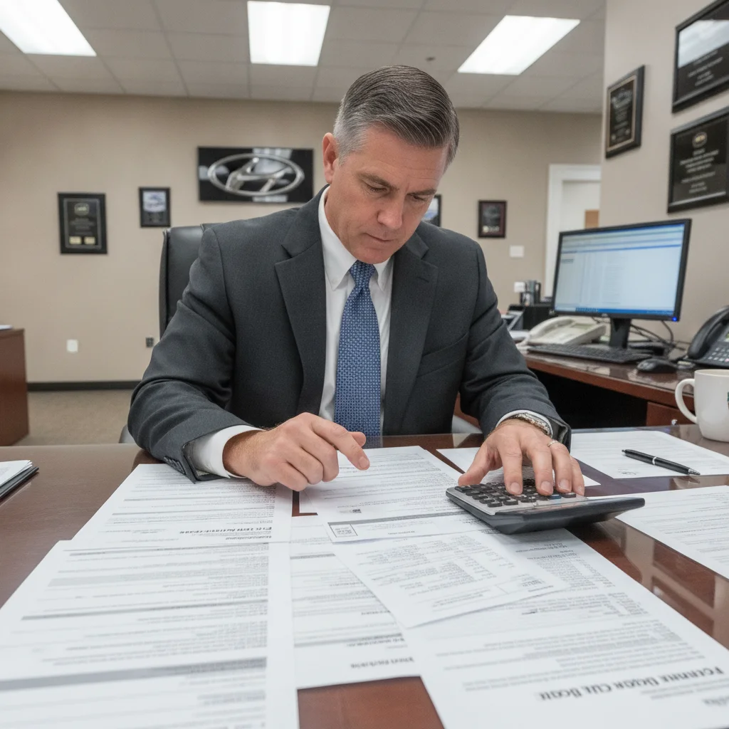 Dealership finance manager reviewing multiple lender loan documents and rate sheets at a desk