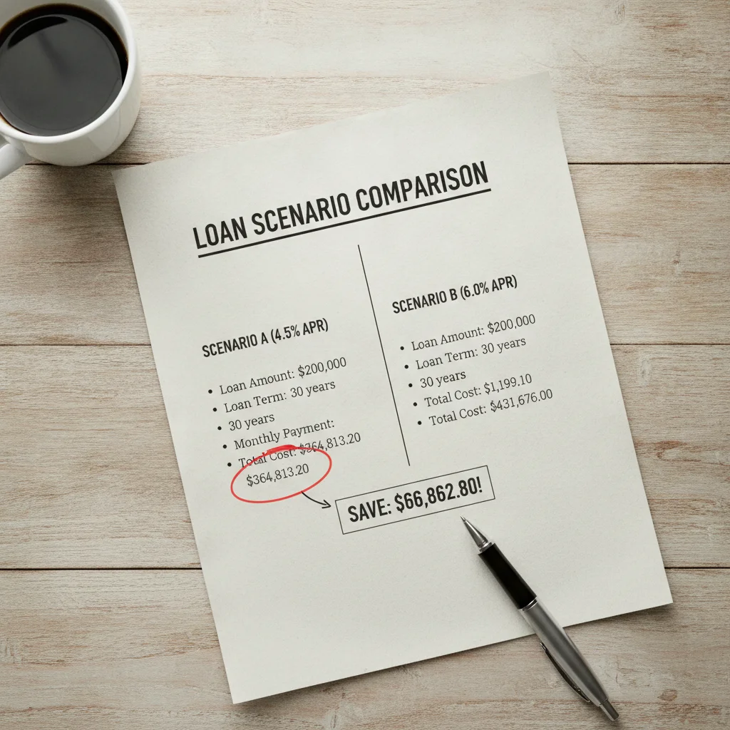 Printed loan comparison chart showing cost difference between two interest rate scenarios
