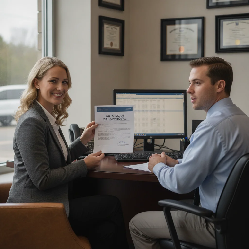 Car buyer presenting a preapproval letter to a dealership finance manager during negotiation