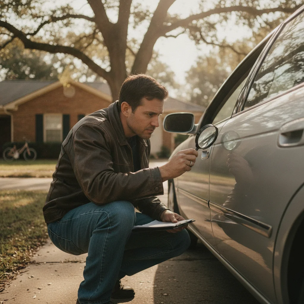 Buyer closely examining a scratch on a car door panel during a private sale viewing