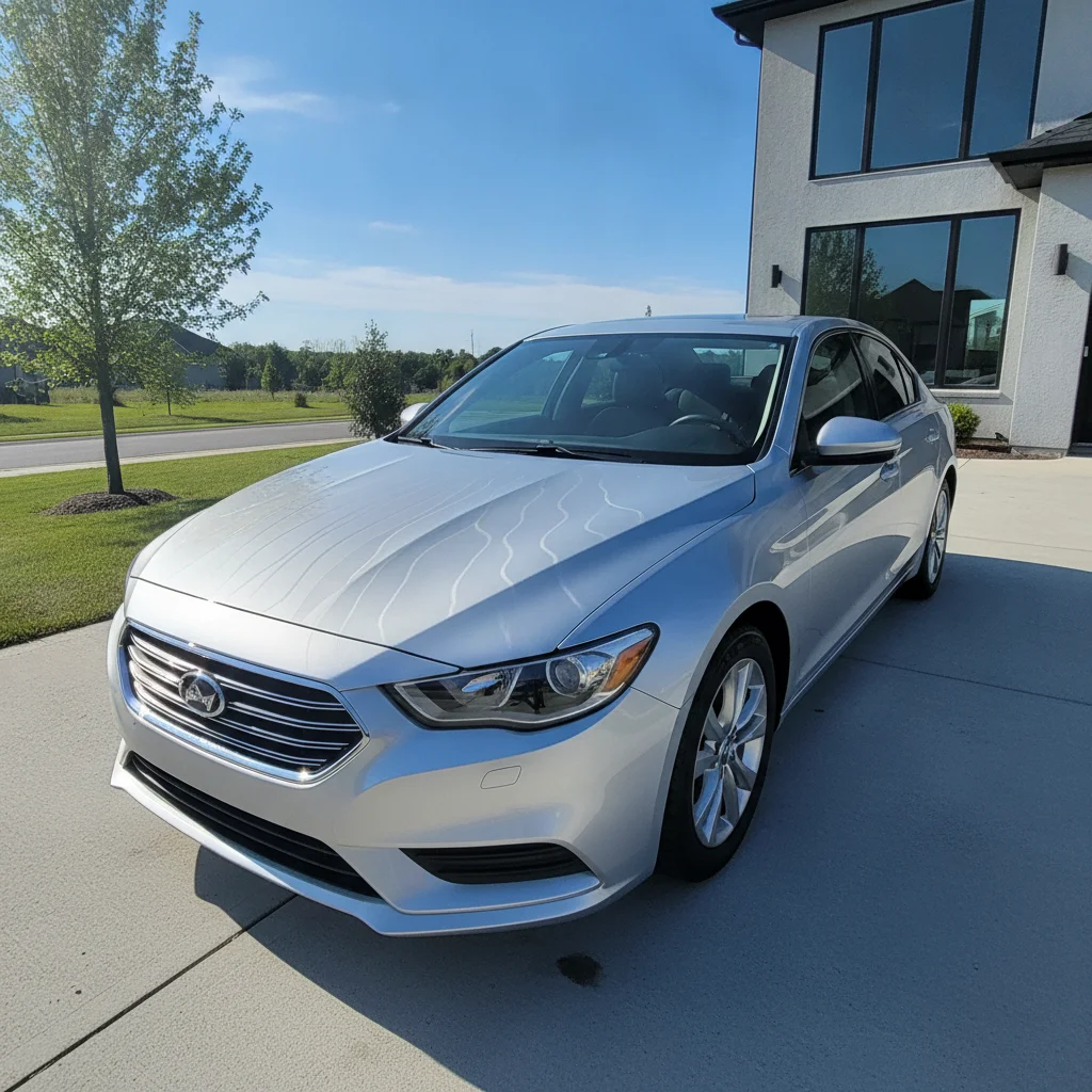 Freshly detailed silver sedan gleaming in bright sunlight before a private car sale