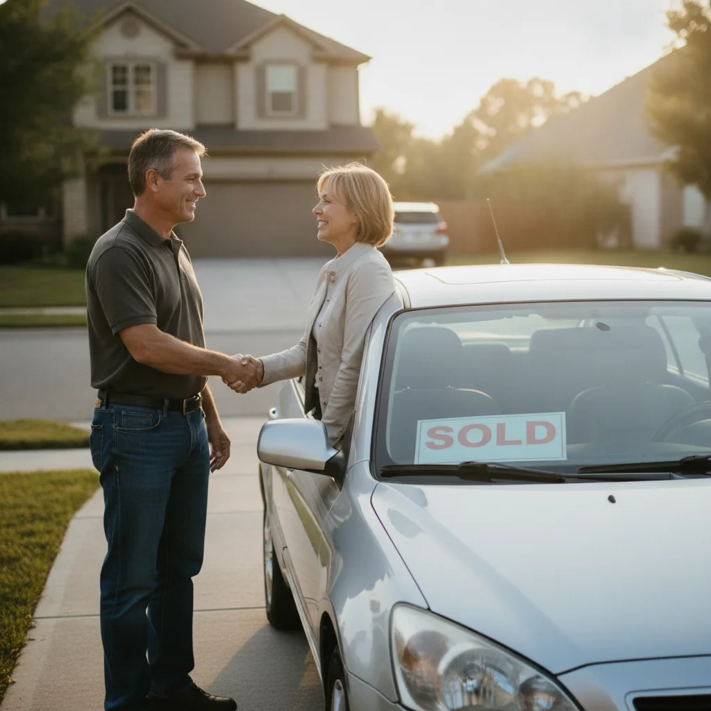 Car seller and buyer shaking hands beside a clean used vehicle after agreeing on a fair price