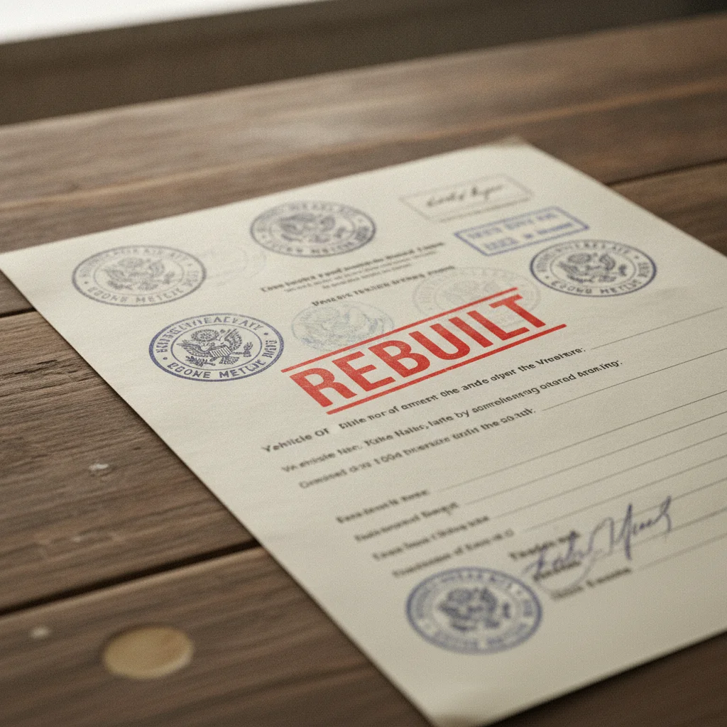 Close-up of a vehicle title document with a rebuilt title stamp visible in red ink.