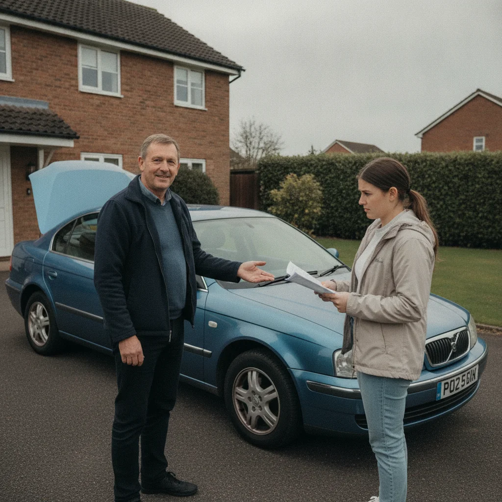 Potential buyer reviewing vehicle paperwork with a skeptical expression during a private car sale.