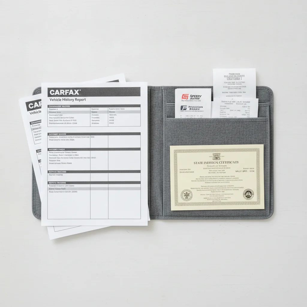 Organized folder of vehicle repair receipts, inspection certificate, and history report documents.
