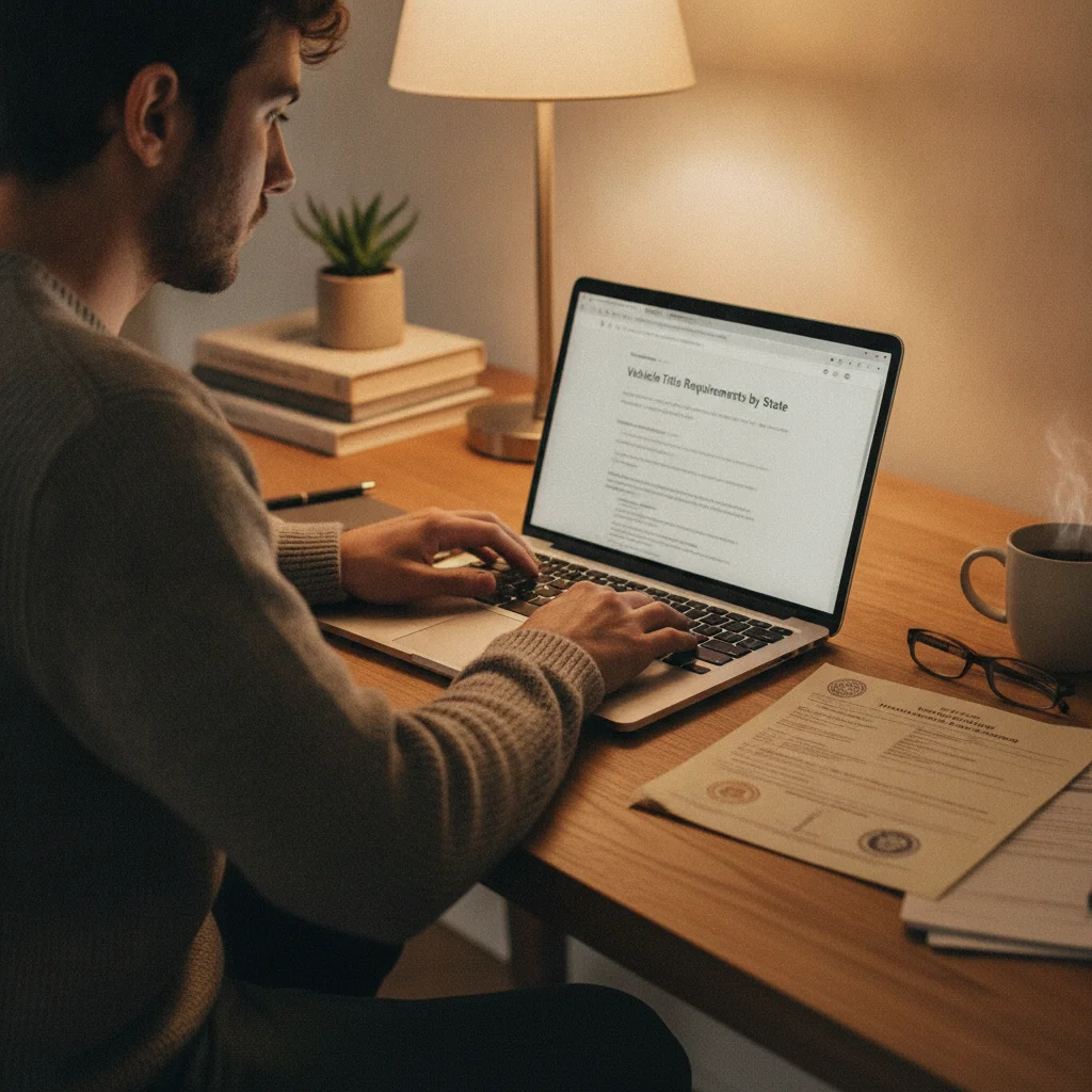 Person researching vehicle title disclosure requirements on a laptop with printed title document nearby.