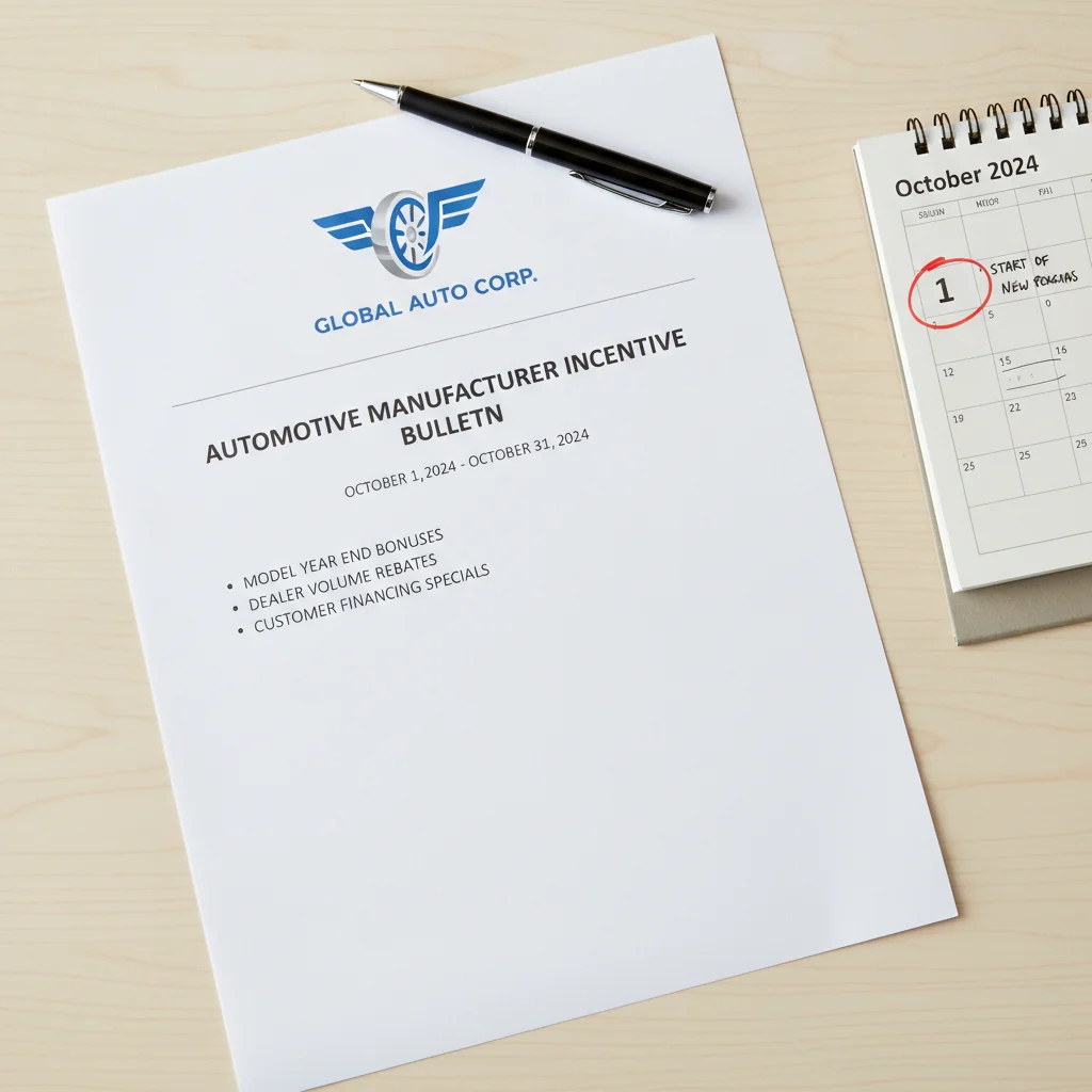 A printed manufacturer incentive bulletin next to a calendar with the first of the month circled