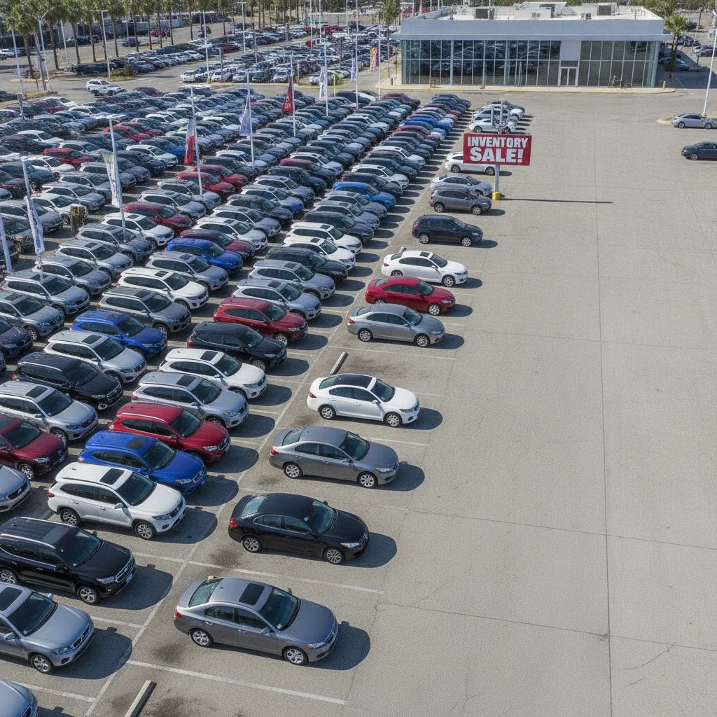 Split view of a full dealership lot on one side and nearly empty spaces on the other, illustrating inventory depletion